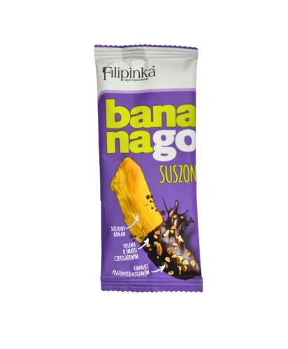 Przejdź do produktu Filipinka Banana Go Suszony banan w polewie czekoladowej z migdałami 19g