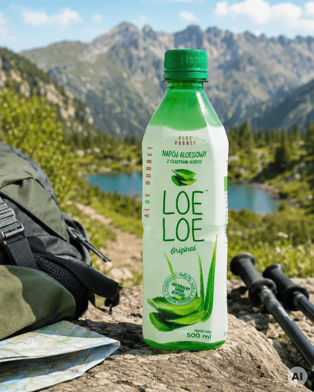 Napój aloesowy LOE LOE 500 ml na górskim szlaku podczas wakacyjnej wycieczki