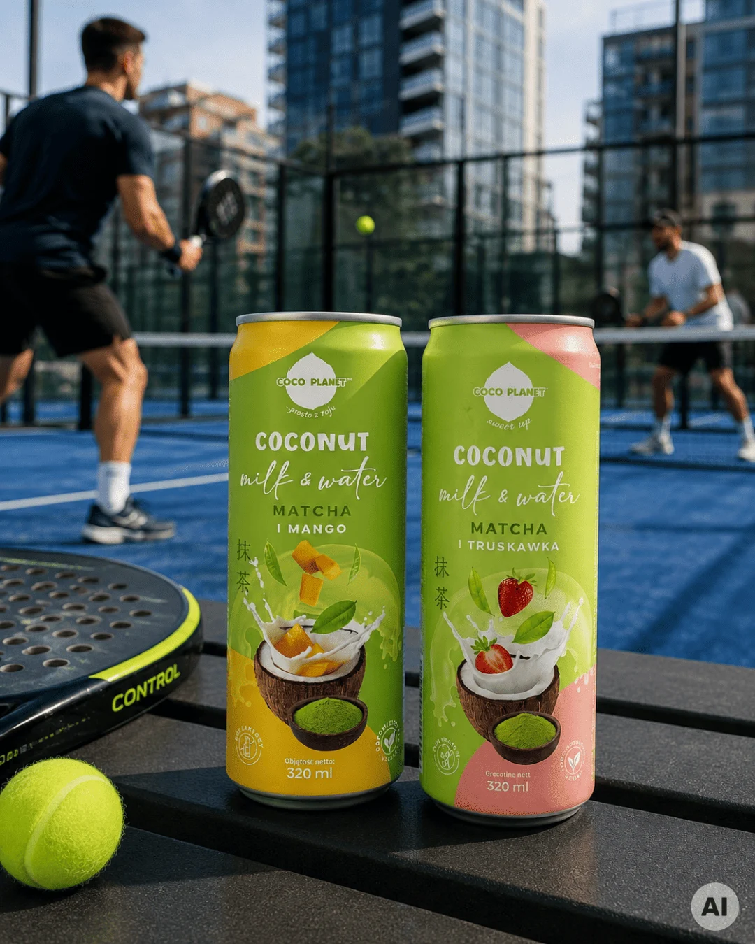 Coco Planet Matcha Mango i Matcha Truskawka na korcie do padla podczas treningu