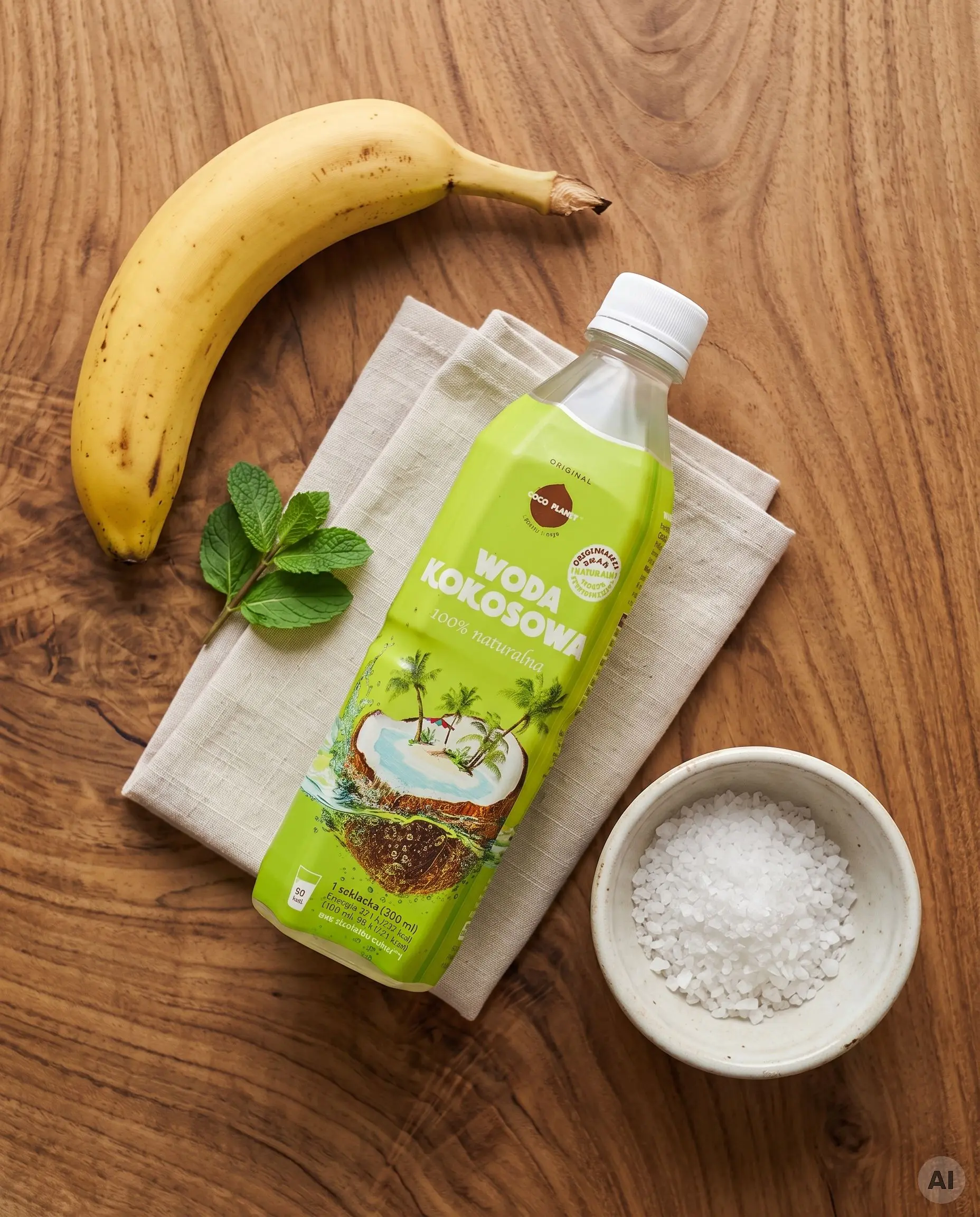 Banan, woda kokosowa i sól jako naturalne źródła elektrolitów